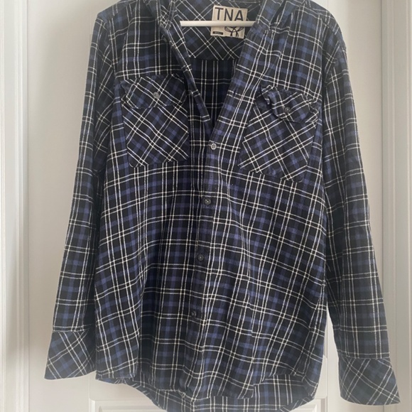 TNA Aritzia Flannel Button Down Hood Small Blue & Black - Picture 3 of 3